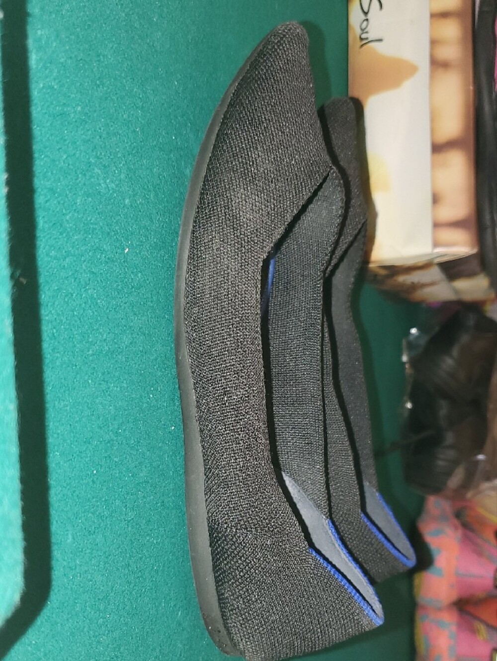 Rothy's Black Pointed Knit Flats with Blue Trim Accents - Picture 2 of 5